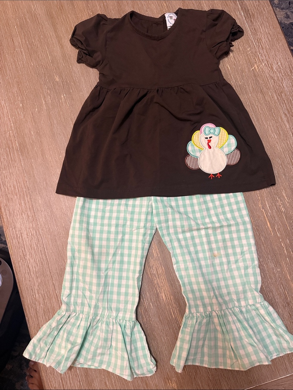 Girls Brown Turkey Tunic with Mint Gingham Ruffle Pants - Seasonal Matching Set
